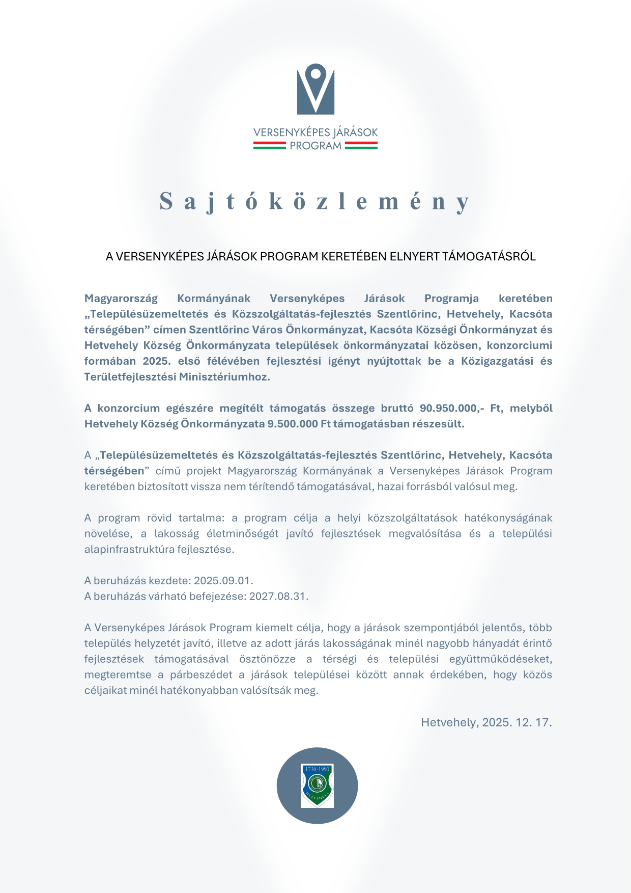 Sajtóközlemény Hetvehely Településüzemeltetés