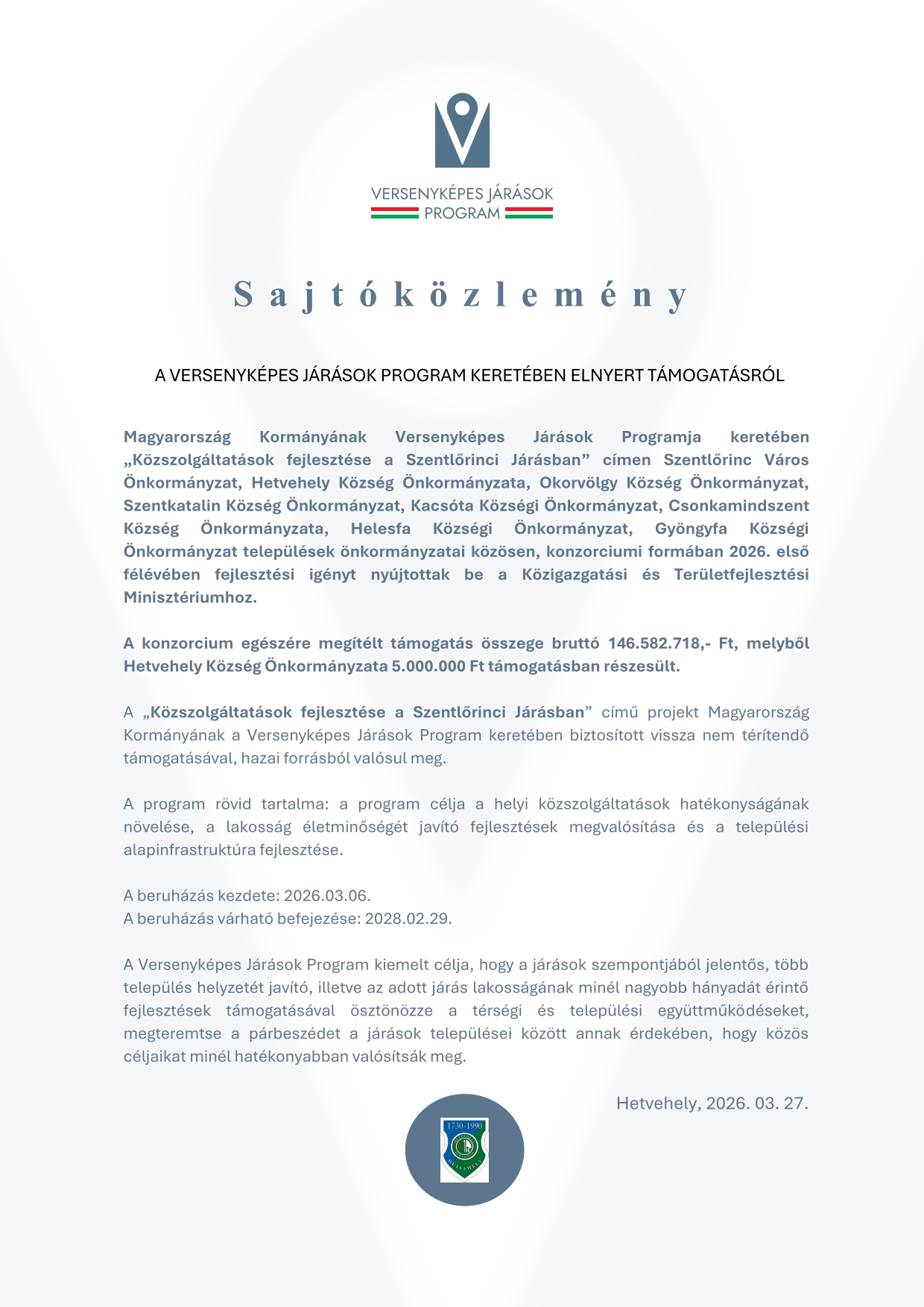Sajtóközlemény Hetvehely VJP2